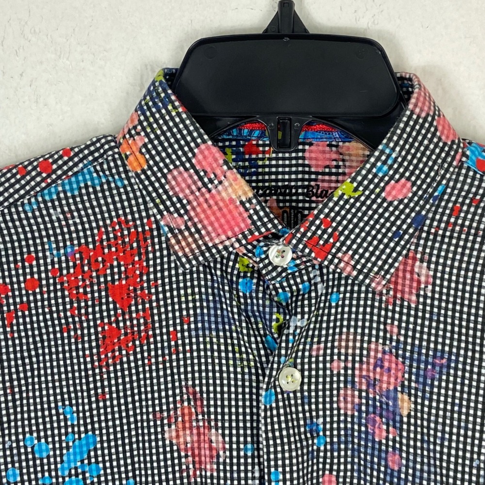 Visconti Black Mens Paint Splatter Gingham Roll Tab Long Sleeve Shirt Medium